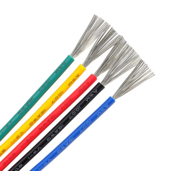 A collection of insulated multi-stranded copper wires in various colors including green, yellow, red, and blue.