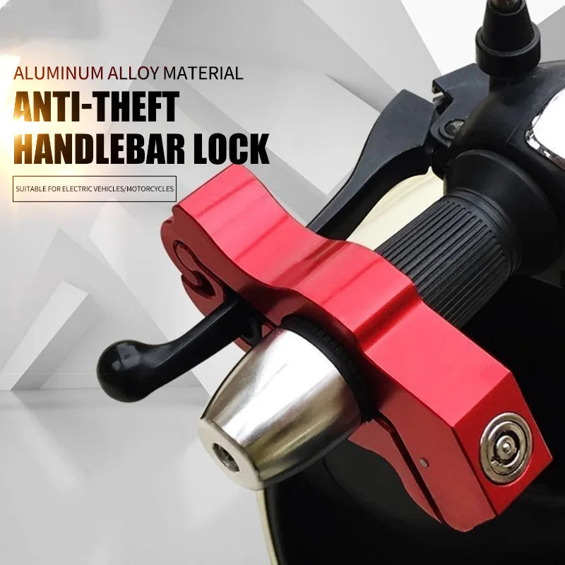 Verrou de guidon en alliage d'aluminium rouge anti-vol installé sur un guidon de moto ou ATV.