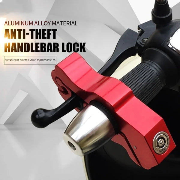 A red aluminum alloy anti-theft handlebar lock installed on a motorcycle or ATV steering column.