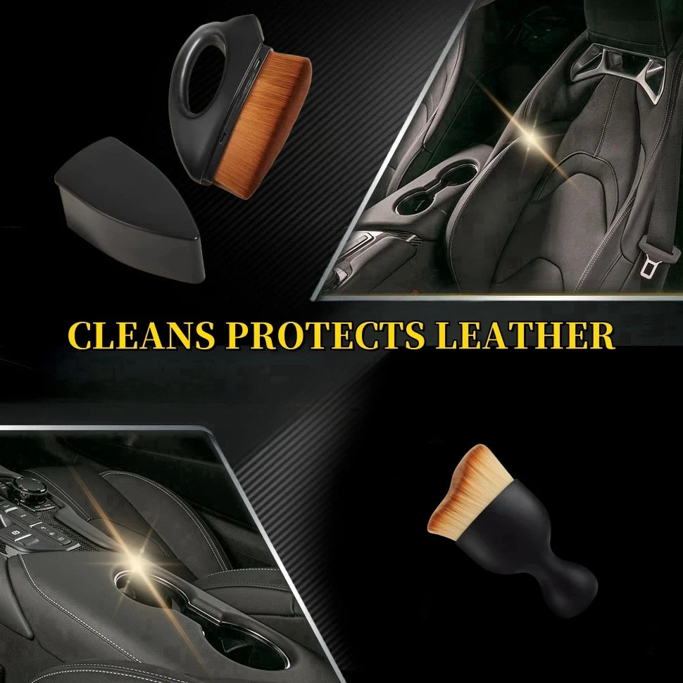 Set aus fünf Reinigungsbürsten, darunter eine Holz- und eine schwarze Bürste, zum Reinigen von Leder in Autos.