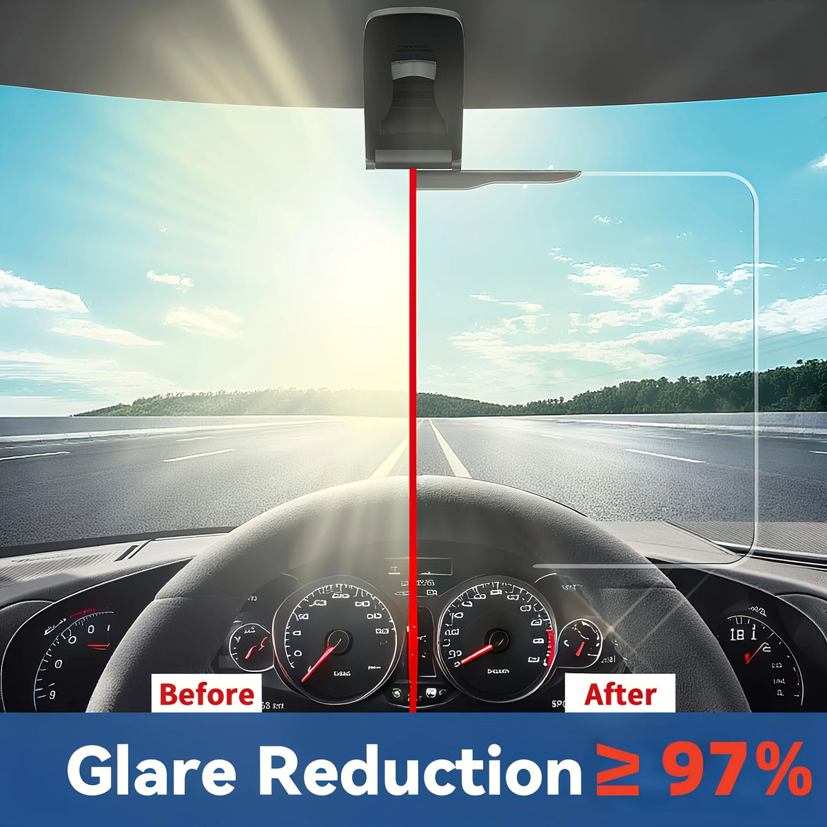 Before and after comparison of glare reduction using a polarized car sun visor