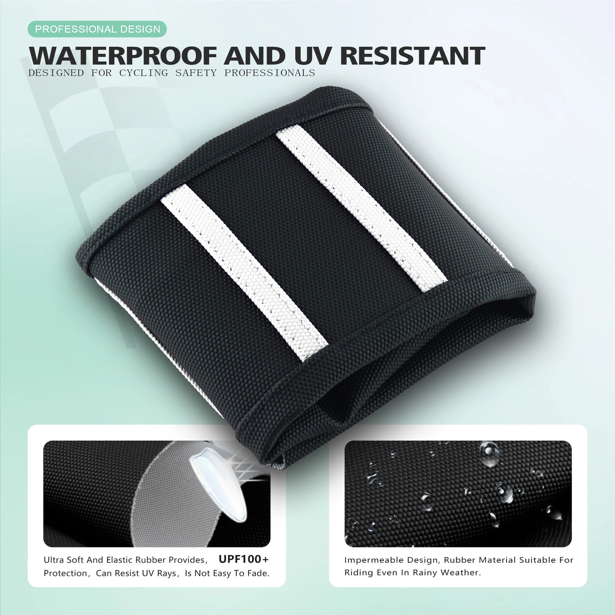 Black ribbed gripper seat cover designed for cycling safety professionals, waterproof and UV resistant.