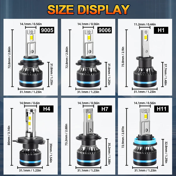 Display of various high-power LED car headlight bulbs labeled 9005, 9006, H1, H4, H7, and H11.
