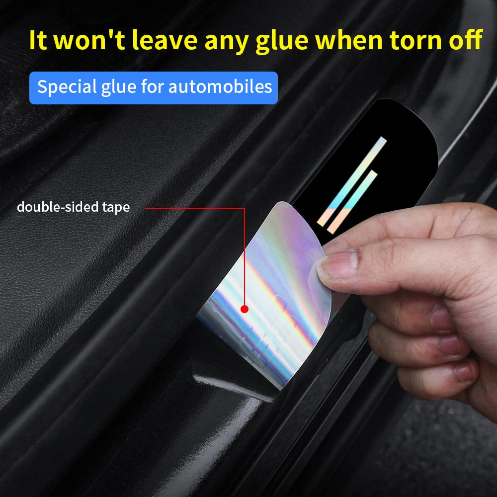 A hand applies a double-sided tape to a car door sill, demonstrating a glue-free removal method for vinyl decals.