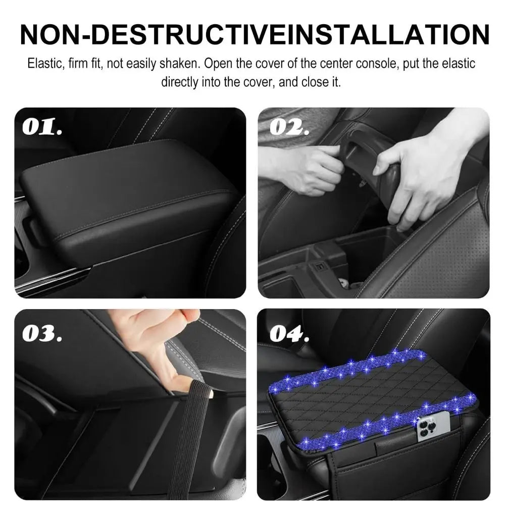 Demonstration of non-destructive installation of a luxury diamond grid car console cover onto a vehicle interior.