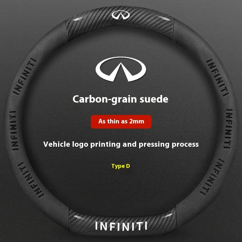 Black carbon-grain suede steering wheel covers with the Infiniti logo and text printed on them.