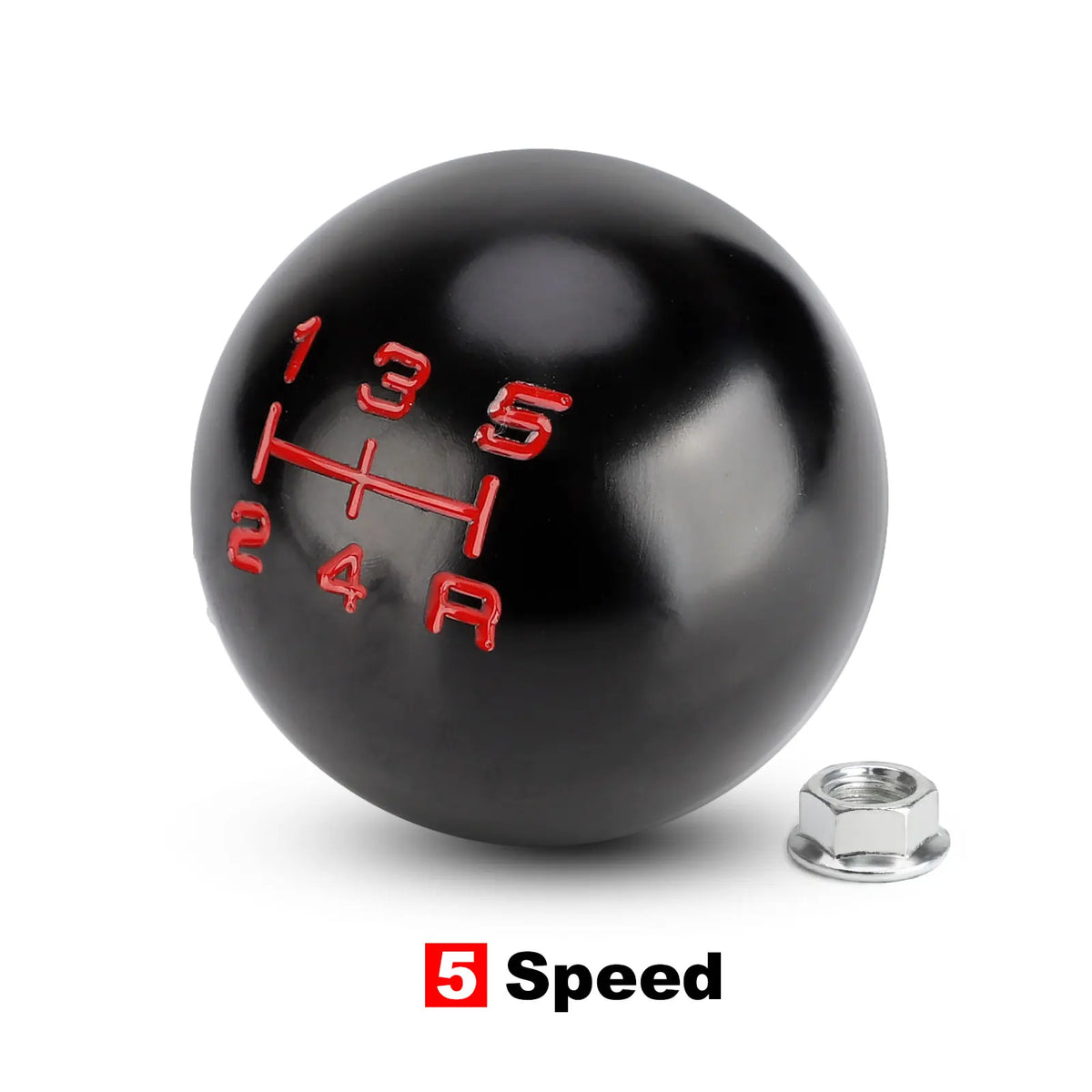 Black aluminum gear shift knob with red markings showing 5 speed gear.