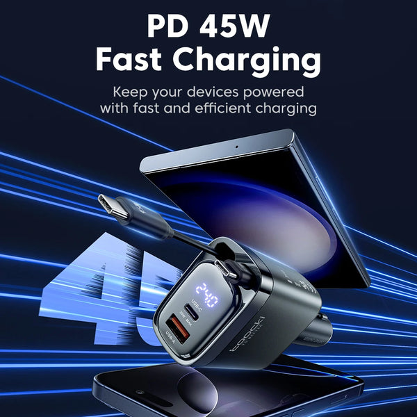 A black car charger with a retractable cable is shown next to a smartphone, demonstrating fast charging technology.