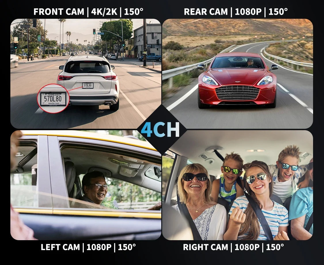Image showing various camera angles of a car dash cam including front, rear, left, and right views.
