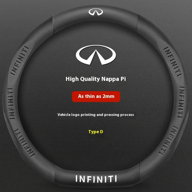 Black steering wheel covers for Infiniti models featuring the Infiniti logo and text