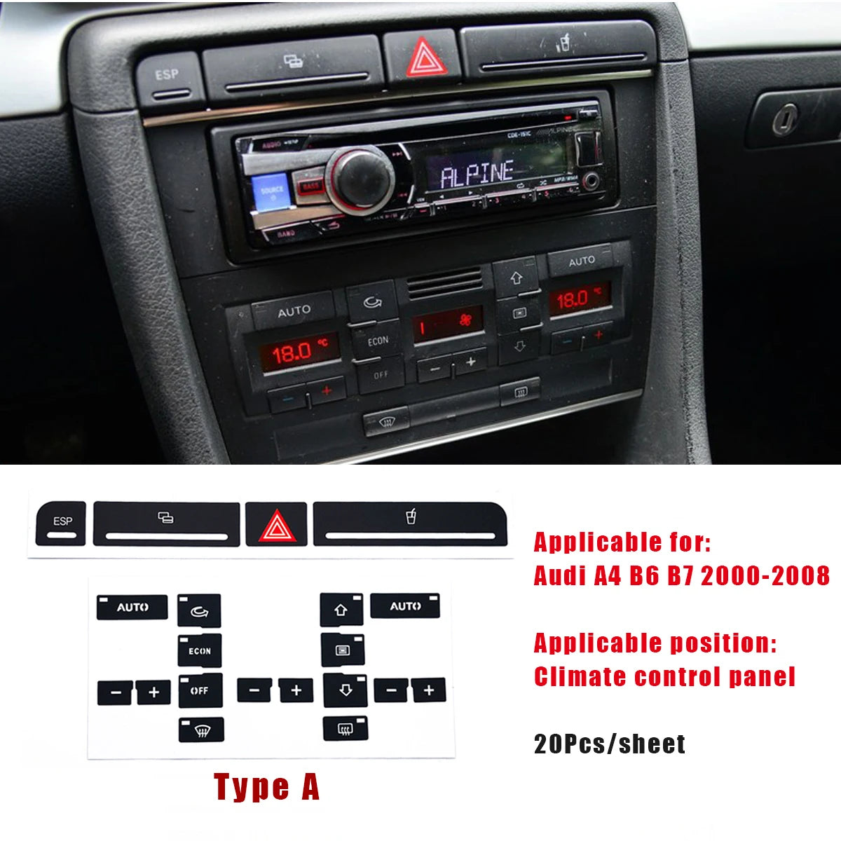 A set of replacement power window switches for an Audi A4 B6 B7 2000-2008 climate control panel.