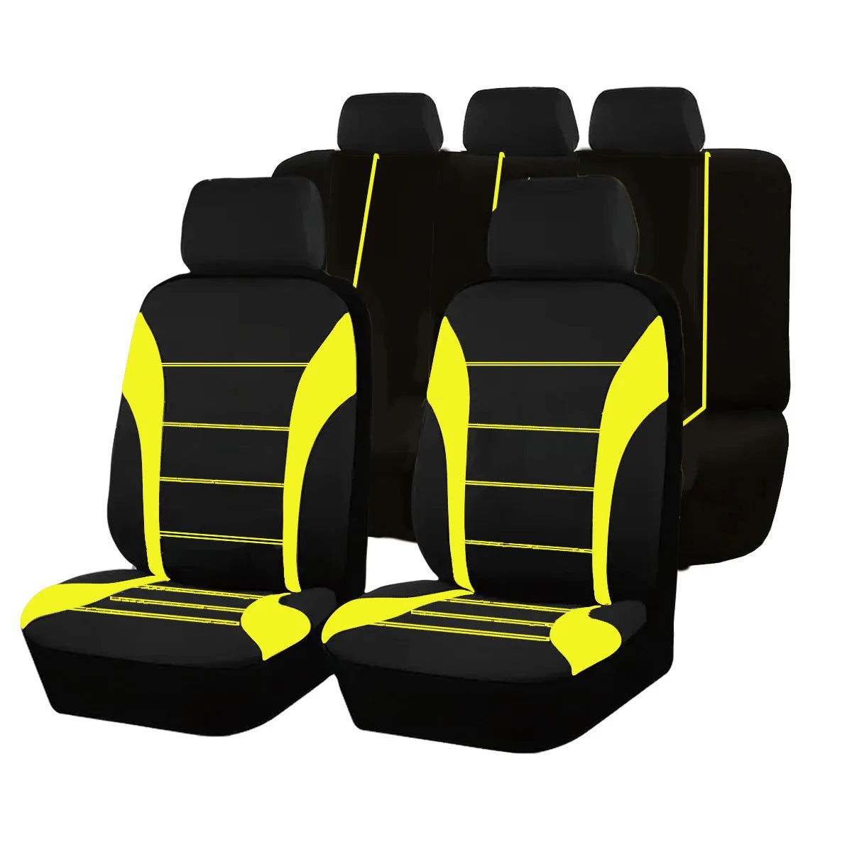 Black seat and cushion covers with yellow accents shown in a row.