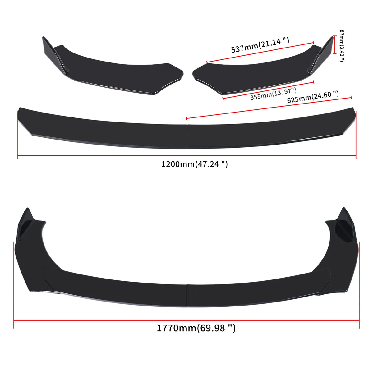 Black universal front bumper splitter lip spoiler diffuser body kit with winglets and side skirt extensions