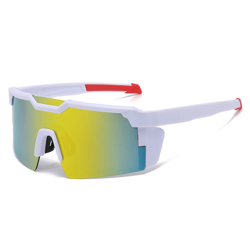 Lunettes de sport pour le cyclisme blanches et orange avec des verres jaunes-verts réfléchissants