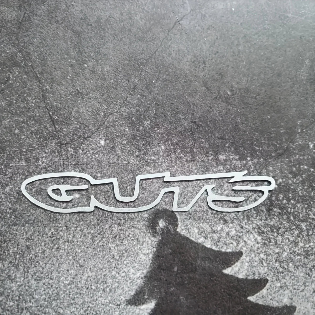 A silver vinyl decal spelling out GUTS is reflected on a dark, textured surface.