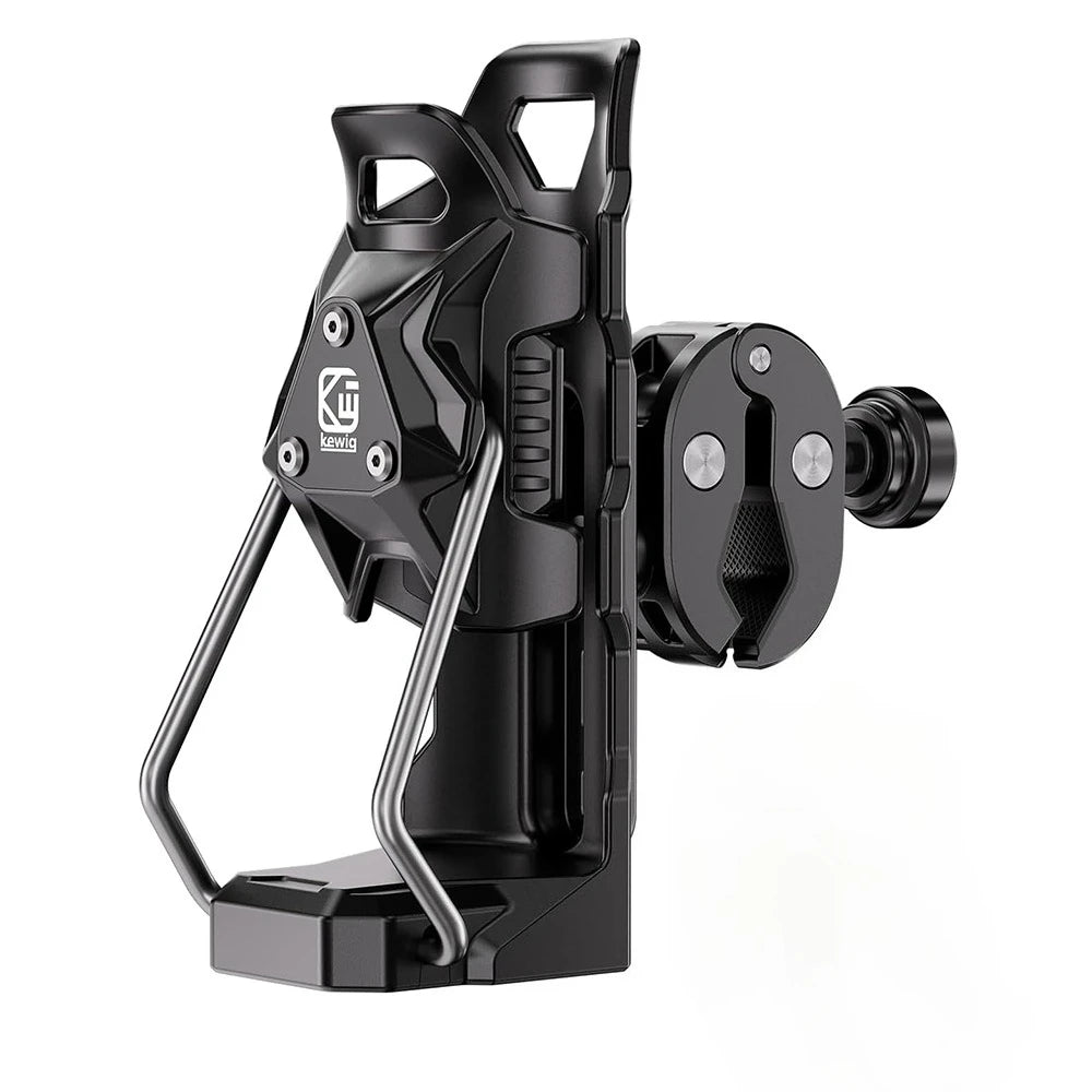 Schwarzer adaptiver Motorrad-Getränkehalter mit Klemmmechanismus.