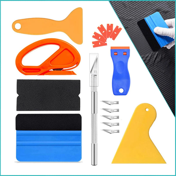 A professional car vinyl wrapping tool kit showing various tools including a shaping tool, cutters, and adhesive rollers.
