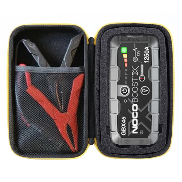A black protective case for a GBX45 lithium jump starter battery with an LCD display.