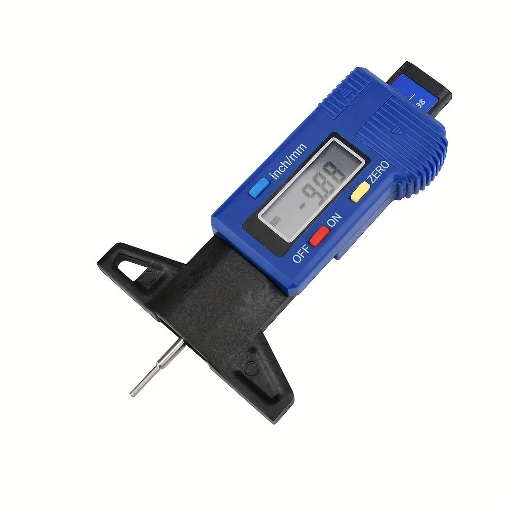 A blue digital tyre depth gauge with a black mounting base and a display showing -9.88 inches.
