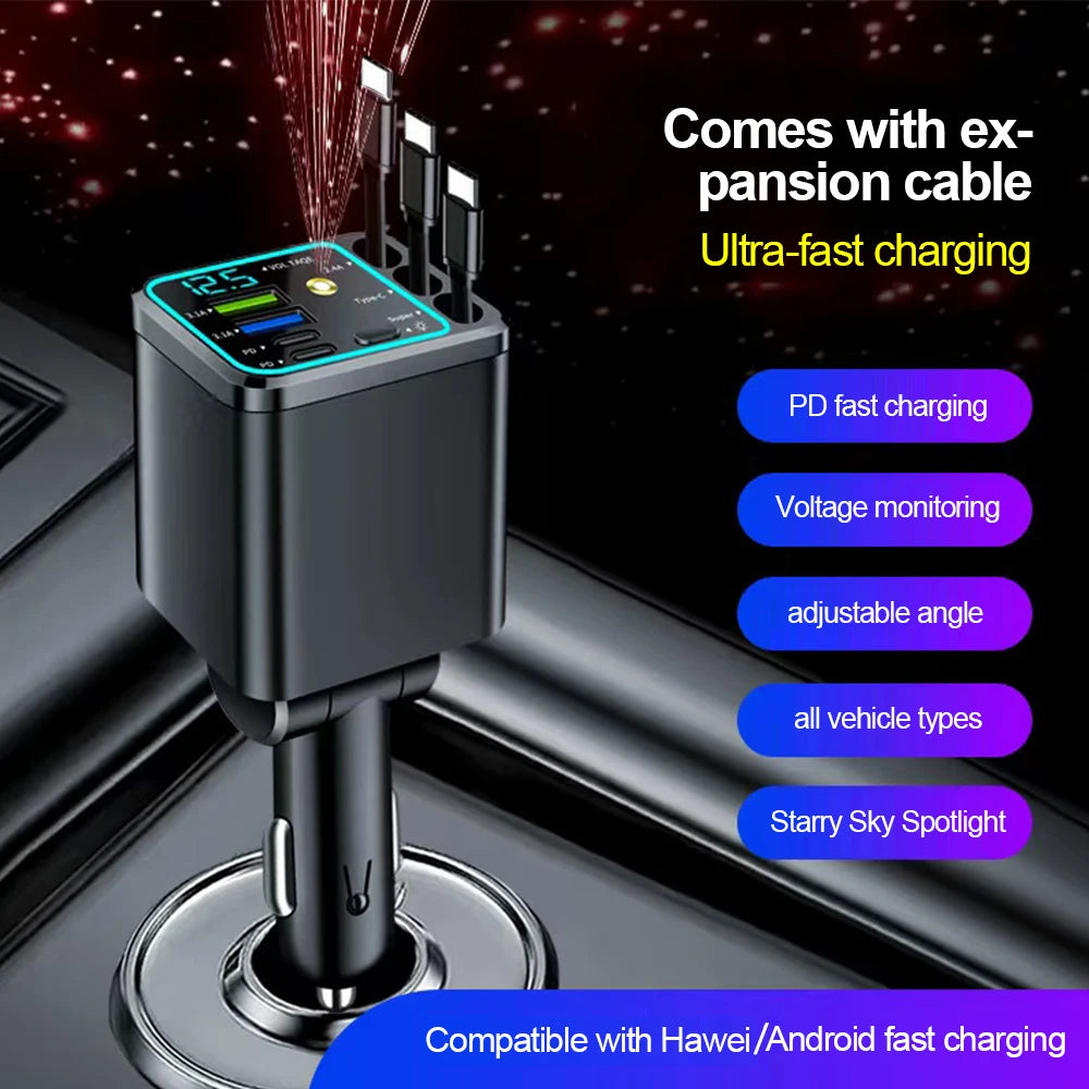 A black car charger with a retractable cable and LED light is shown plugged into a vehicle port.