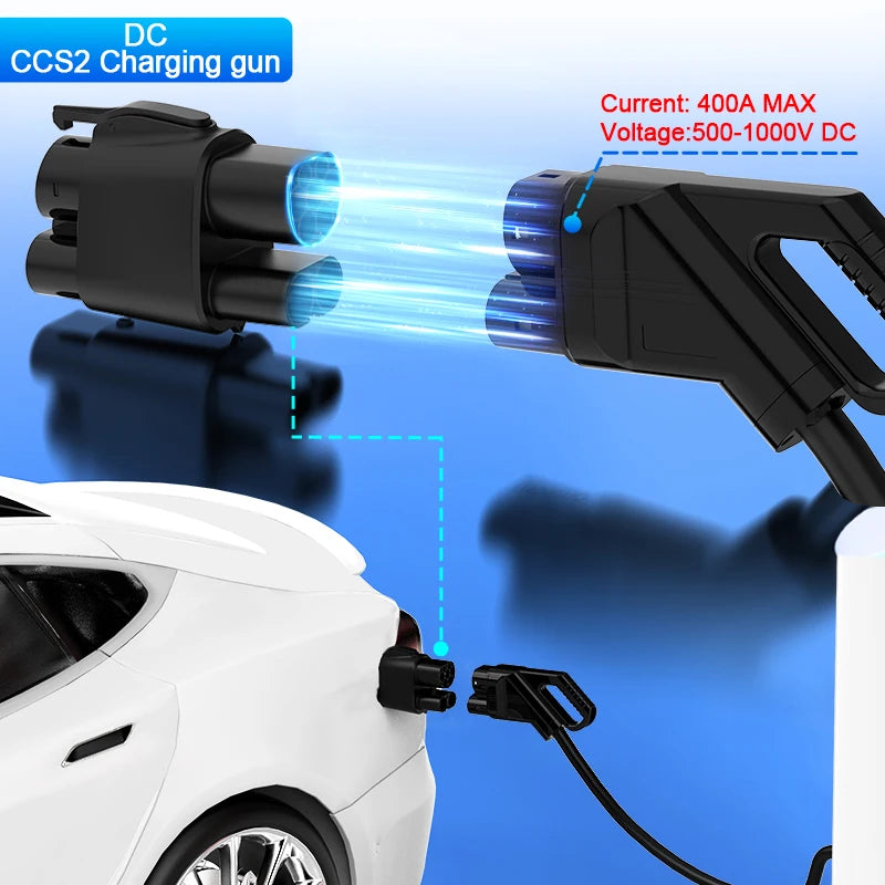 A DC CCS2 charging gun is shown connecting to a vehicle for electric vehicle charging.