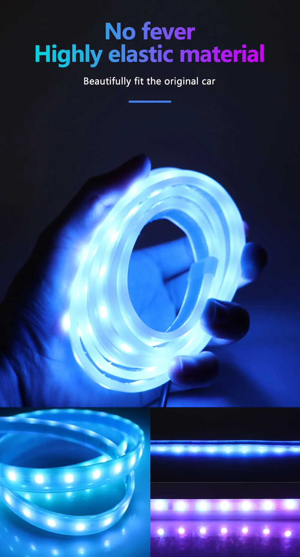 A hand holds a glowing blue flexible LED light strip, shown in various forms and colors.