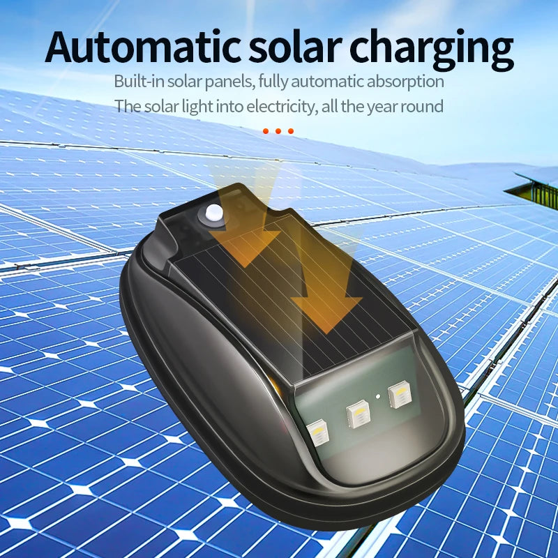 A black solar panel device is shown absorbing sunlight, illustrating automatic solar charging for truck cab lights.