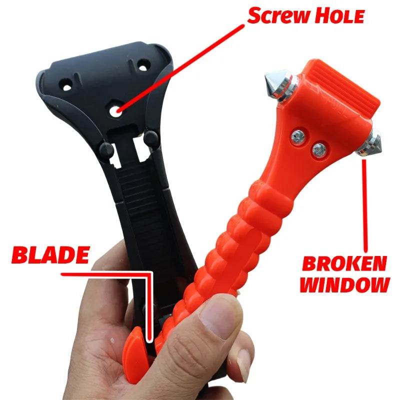 A hand holds an orange heavy-duty emergency window breaker tool, showing the blade and screw hole features.
