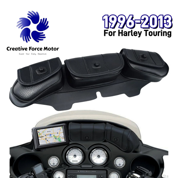 Schwarze Motorrad-Verkleidungs-Aufbewahrungstasche für Harley Touring Motorräder mit Dashboardhalterung.