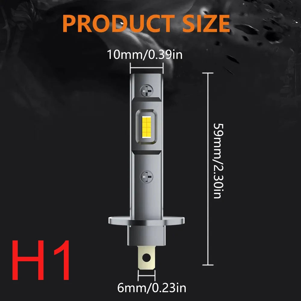 A vertical view of an H1 automotive headlight bulb with dimensions and a connector.