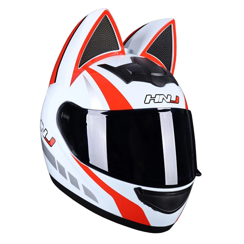 A white and orange cat-ear full face motorcycle helmet with a black visor.