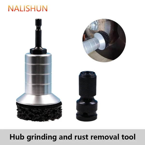 A set of tools for hub grinding and rust removal, including a metal tool and a black abrasive pad.