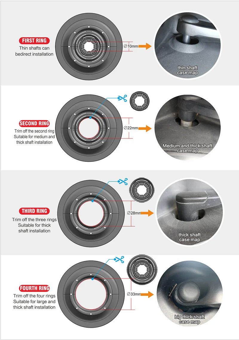 Diagram showing four rings for a Car Windshield Debris Protector Sleeve with varying shaft sizes.