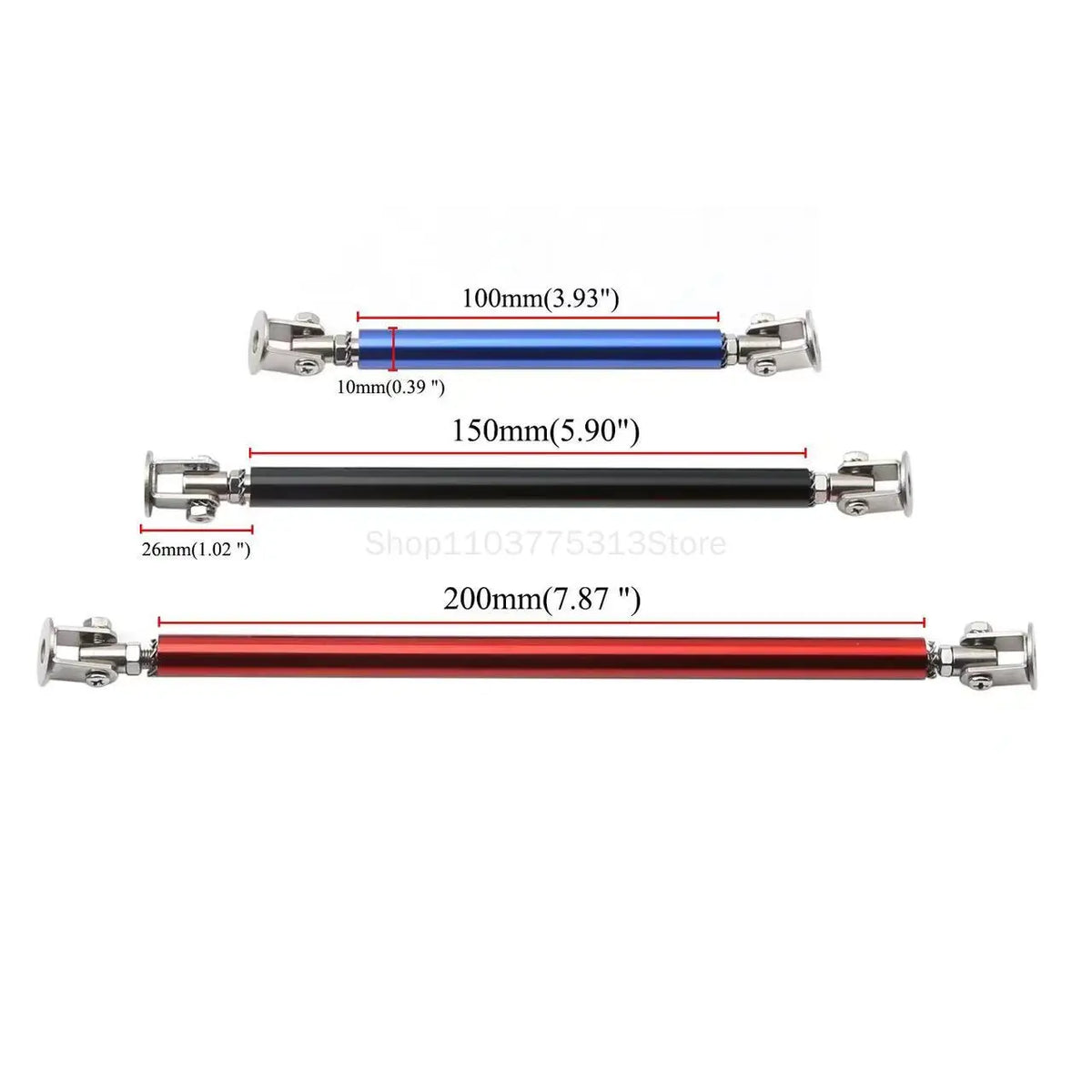Three lengths of universal adjustable bumper lip splitter rods in blue, black, and red.