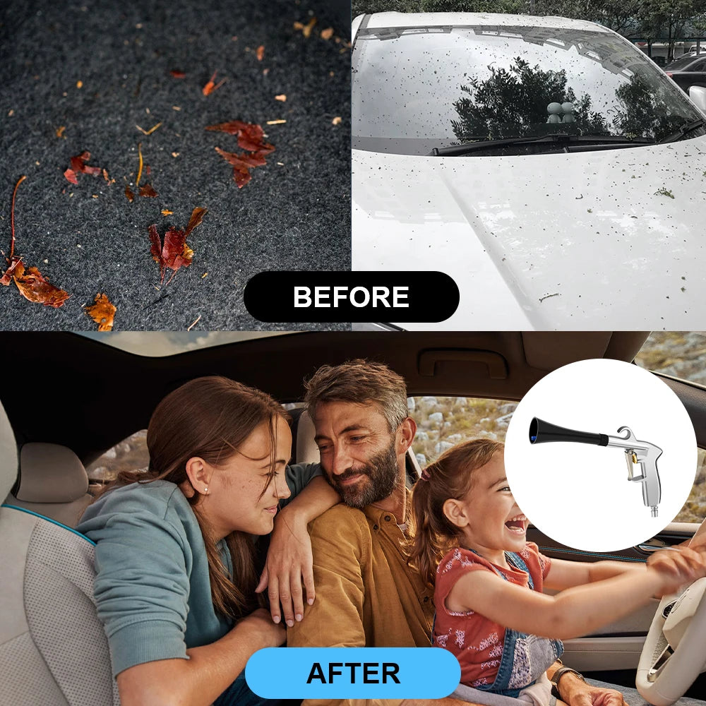 Before and after comparison of a high-pressure air blow car cleaning gun used to remove leaves from a car surface.