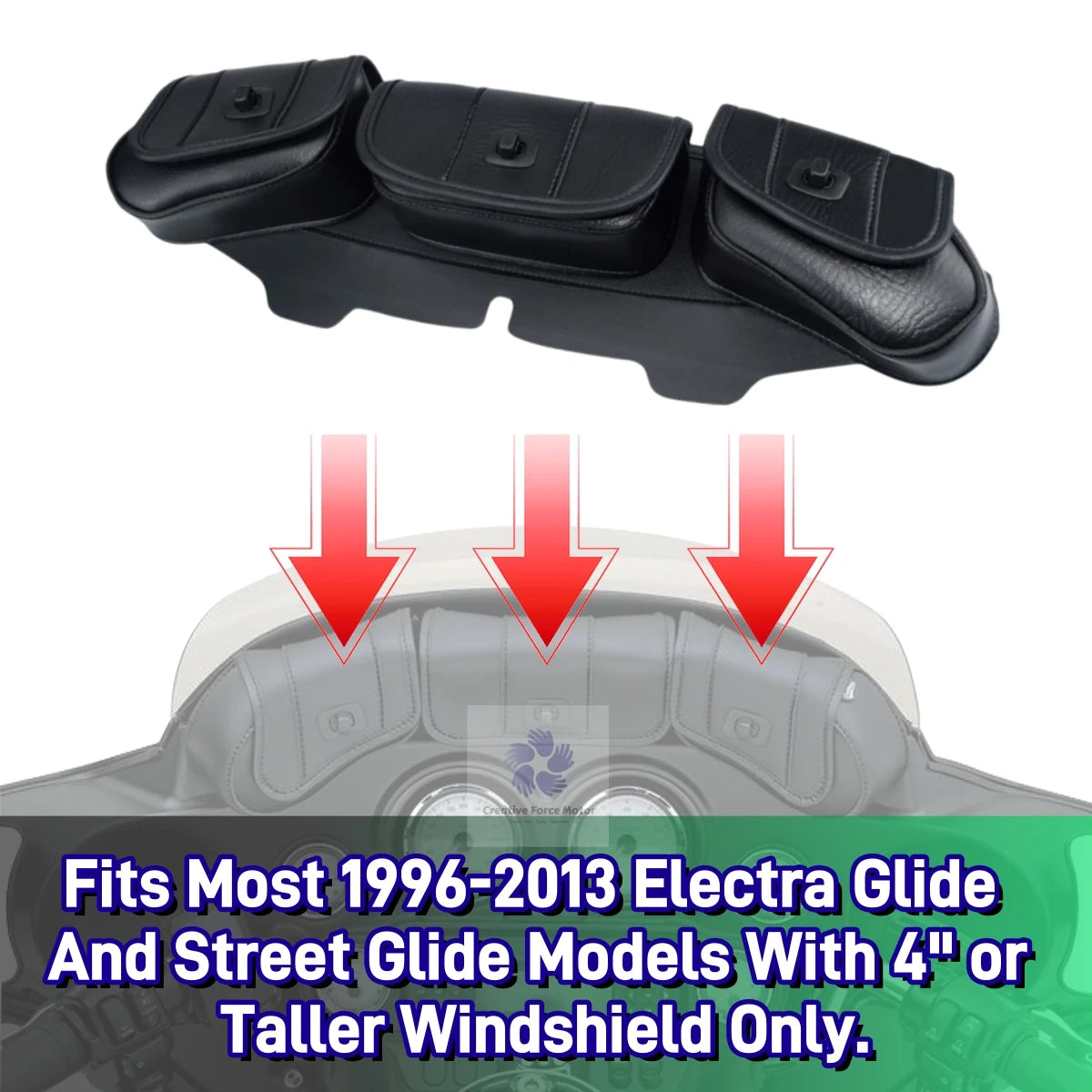 Black fairing storage bag designed to fit 1996-2013 Electra Glide and Street Glide models with a 4" or taller windshield.