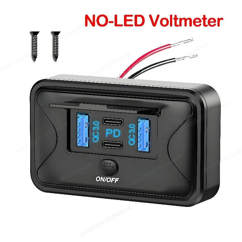 A black NO-LED voltmeter device with four ports and an on/off switch is shown next to two wires.