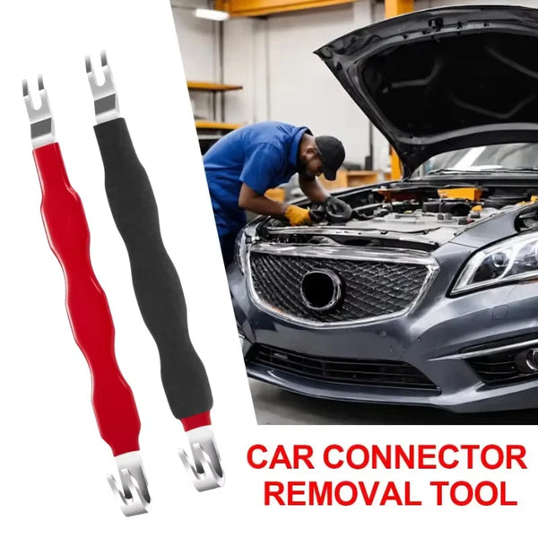 A red and black electrical terminal connector removal tool is shown next to an open car hood.
