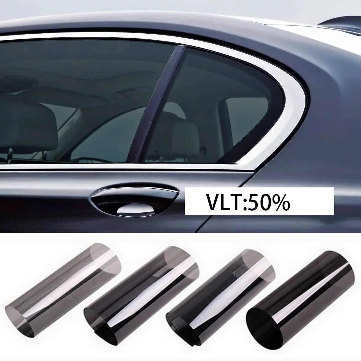 Rolls of black window film used for automotive tinting and heat blocking