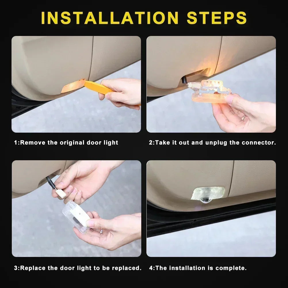 Installation steps showing how to remove and replace a car door light projector.