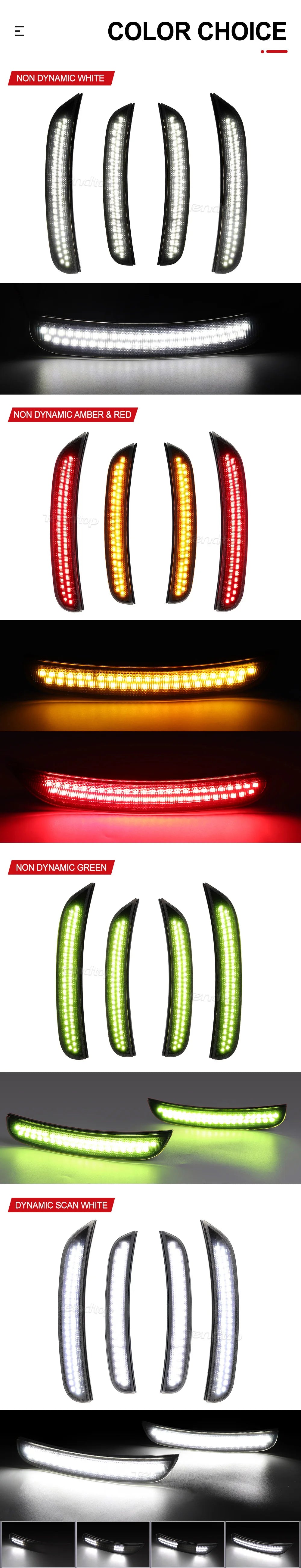 Various LED side marker lights shown in white, amber and red, and green colors with dynamic switchback features.