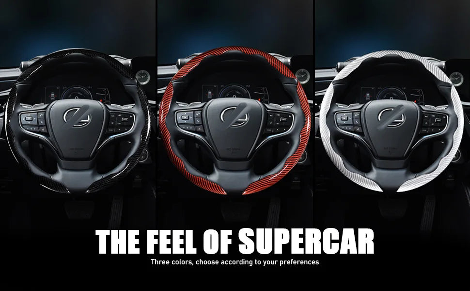 Three versions of a steering wheel cover featuring carbon fiber accents and different color schemes.