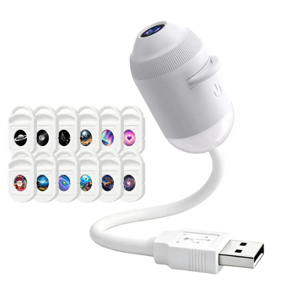 A white Starry Sky Projector night light with touch control and a USB cable.