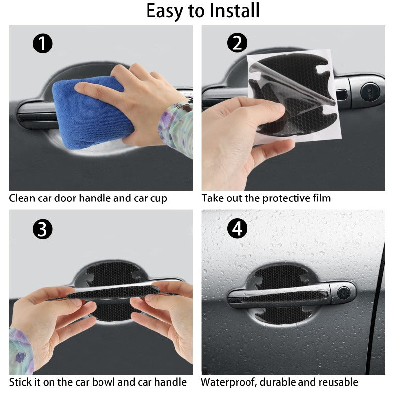Instructions show how to install and use carbon fiber reflective film protectors on a car door handle and cup.