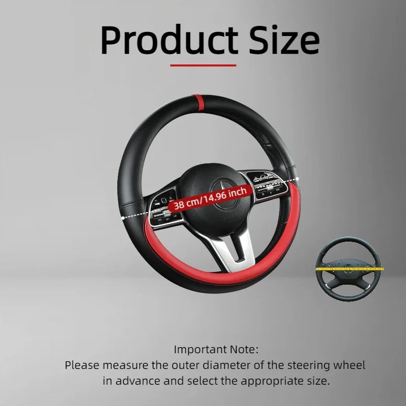 A black steering wheel cover with a red rim is shown, illustrating the product size and fit.