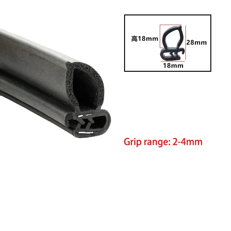 A close-up view of a black U-shaped door edge seal strip with dimensions and grip range specifications.