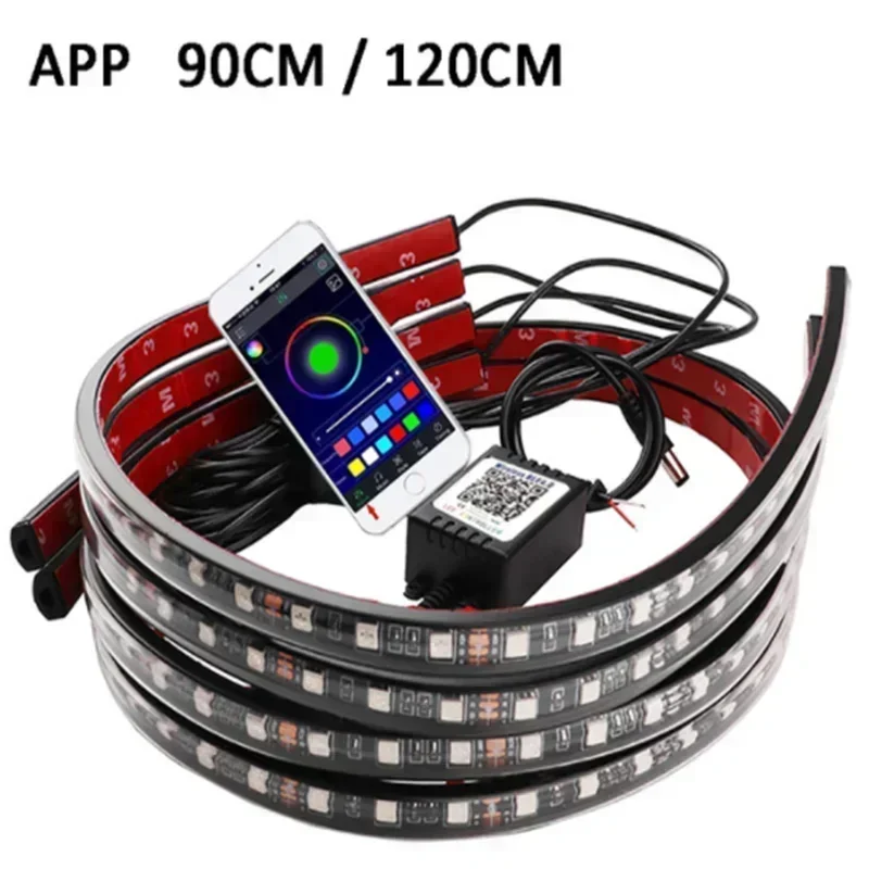 Rolls of APP 90cm and 120cm RGB LED strip lights with a smartphone for scale