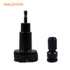 A black professional wheel hub rust removal kit consisting of a shaft and a cleaning pad.