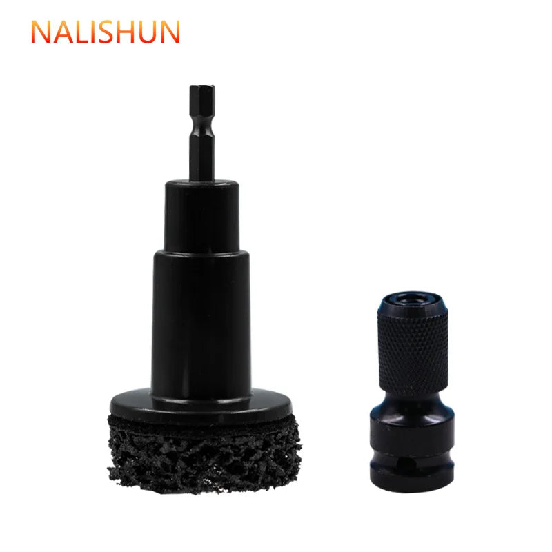 A black professional wheel hub rust removal kit consisting of a shaft and a cleaning pad.