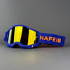 Blue off-road racing goggles with yellow-tinted lenses and an orange strap featuring the text NAFEIB